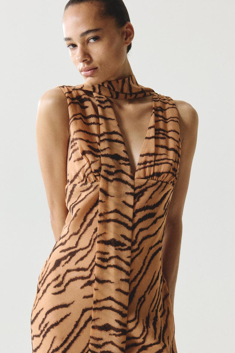 Scarf-collar Midi Dress, Alternate, color, Beige/tiger stripes