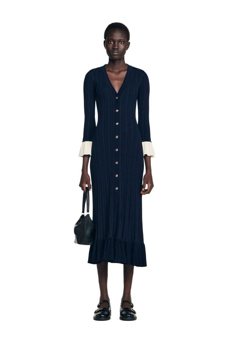 Two-tone knit midi dress, Alternate, color, Navy blue