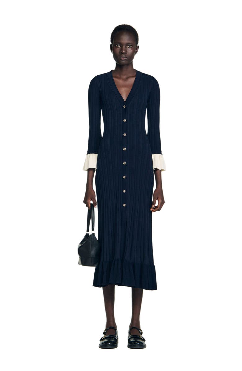 SANDRO Two-tone knit midi dress, Alternate, color, Navy Blue