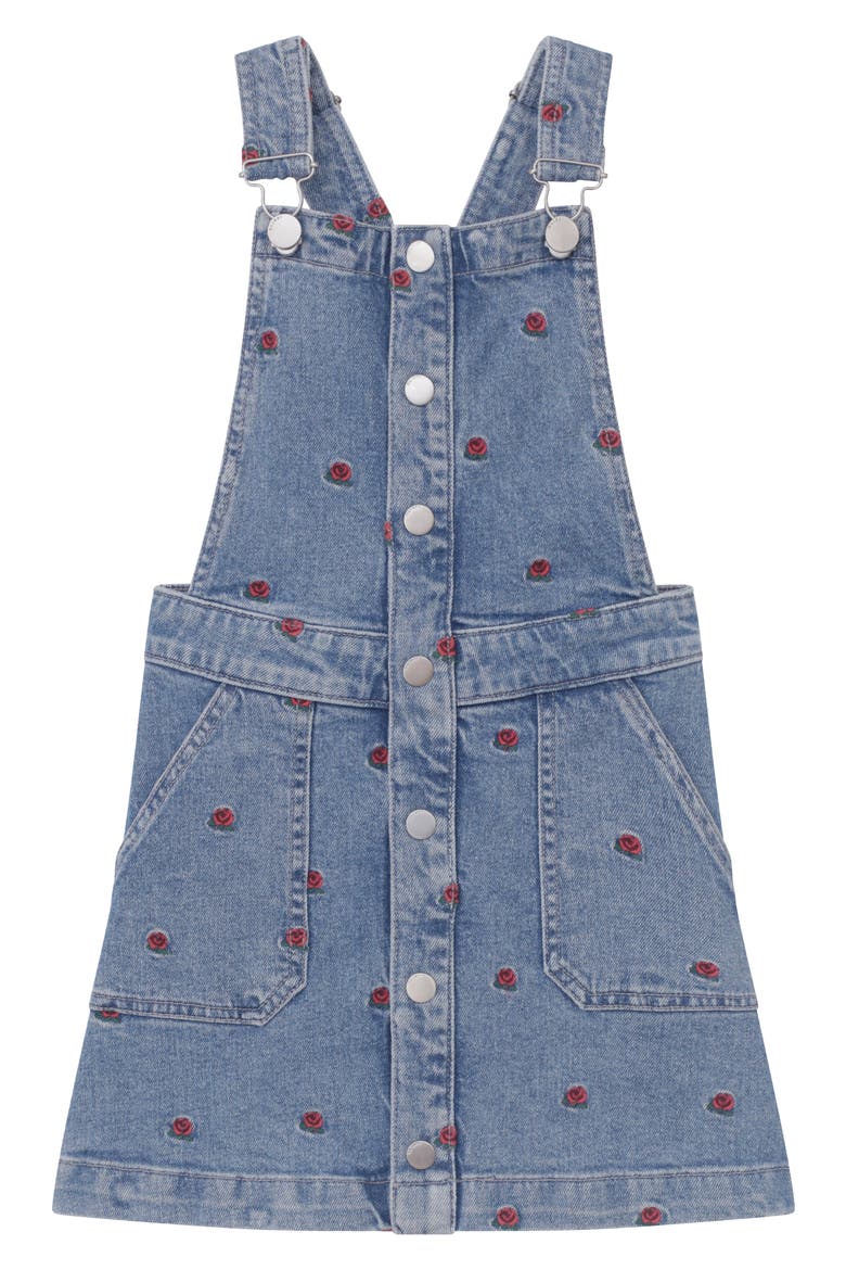 Kids' Rose Embroidered Denim Pinafore, Main, color, INDIGO ROSE