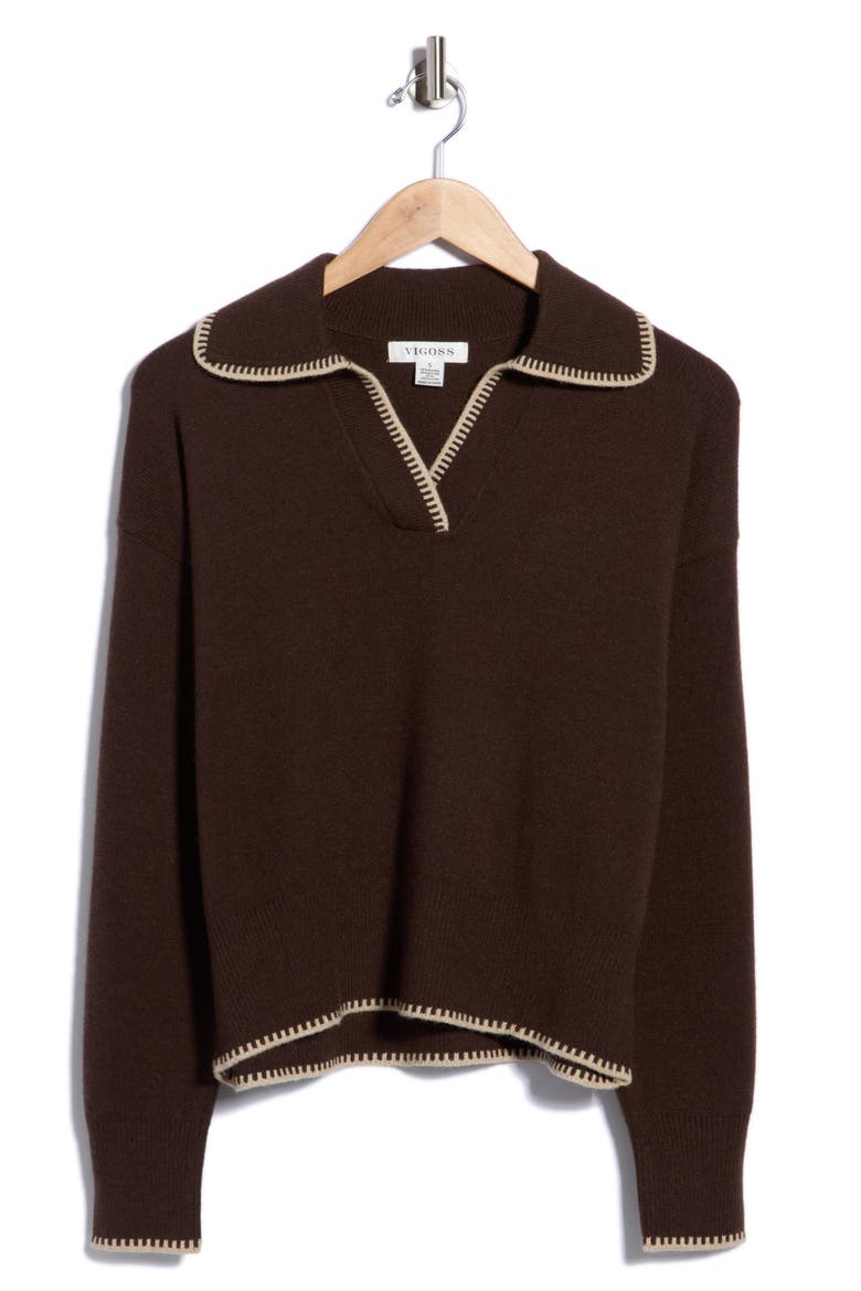 Blanket Stitch Collared Pullover Sweater, Main, color, DARK CHOCOLATE