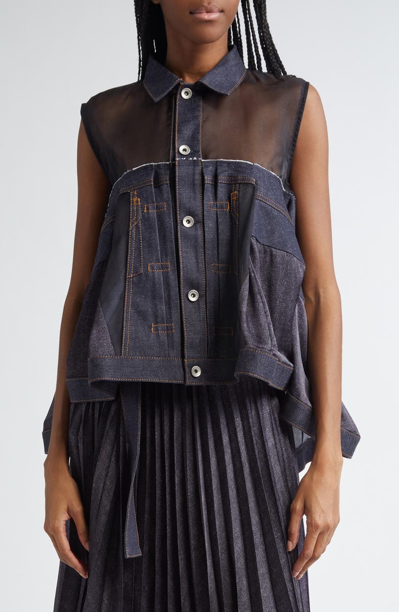 Sacai Sheer Panel Mixed Media Denim Shirt, Main, color,