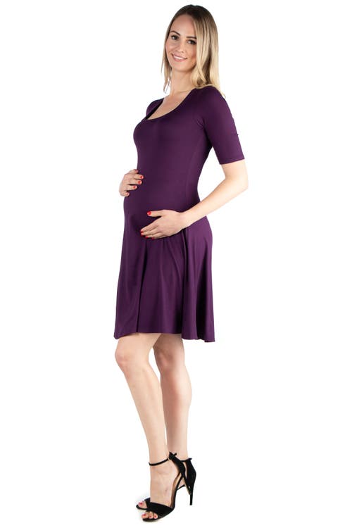24seven Comfort Apparel Maternity Knee Length A-line Elbow Sleeve Dress In Purple