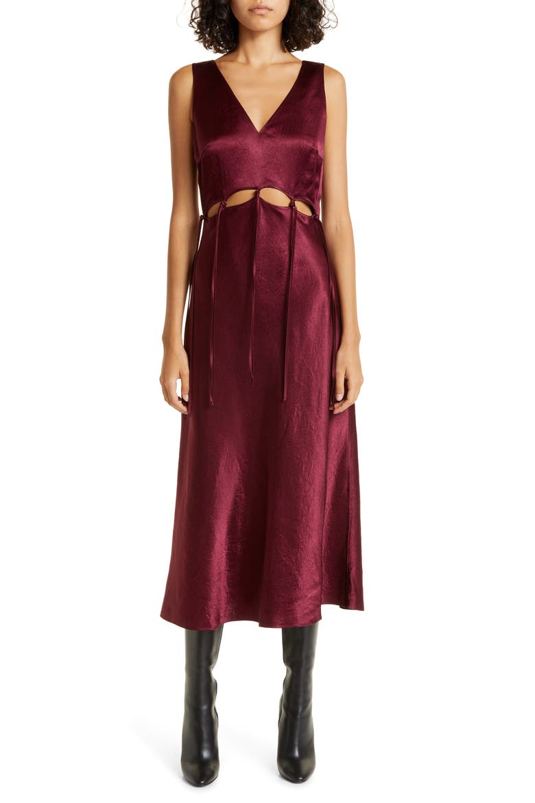 Cutout Tie Detail Satin Dress, Main, color, BORDEAUX