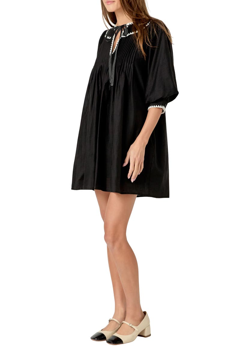 Embroidered Tie Neck Minidress, Alternate, color, BLACK/ WHITE