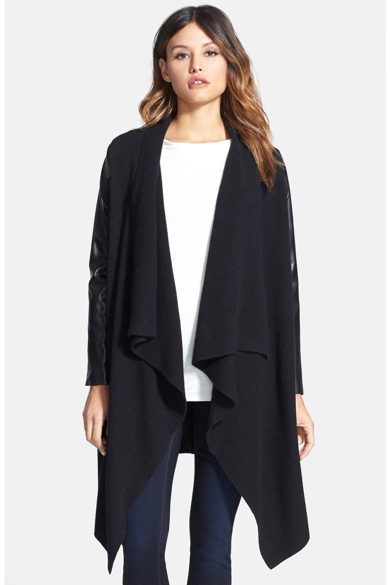 Cashmere & Leather Sweater Coat, Main, color, BLACK