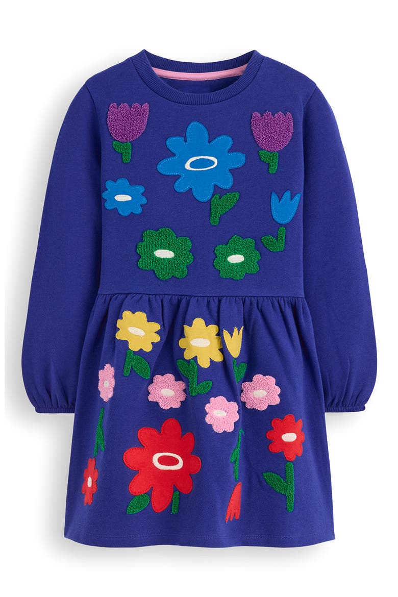 Kids' Floral Appliqué Long Sleeve Cotton Sweatshirt Dress, Main, color, SAPPHIRE BLUE FLOWER