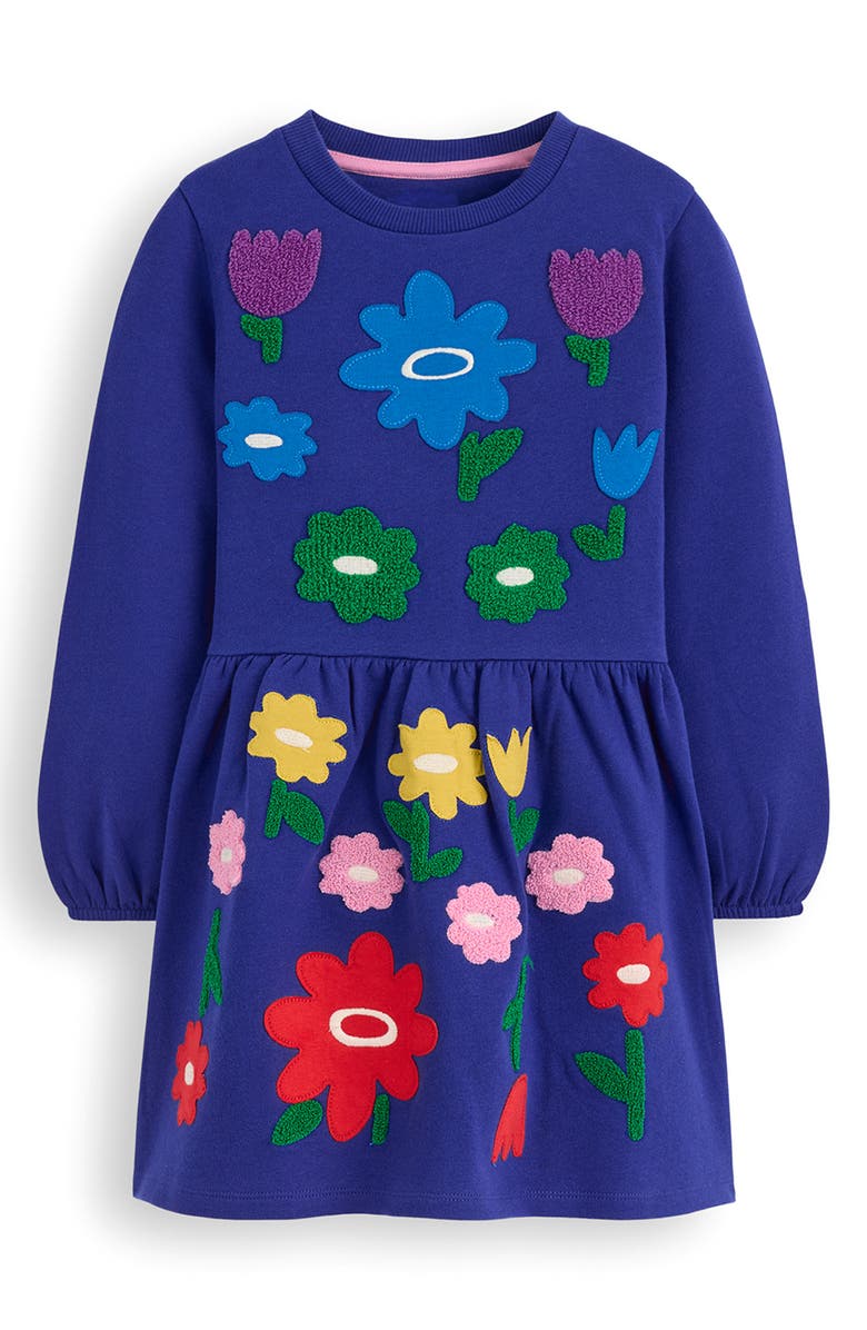 Mini Boden Kids' Floral Appliqué Long Sleeve Cotton Sweatshirt Dress, Main, color, Sapphire Blue Flower