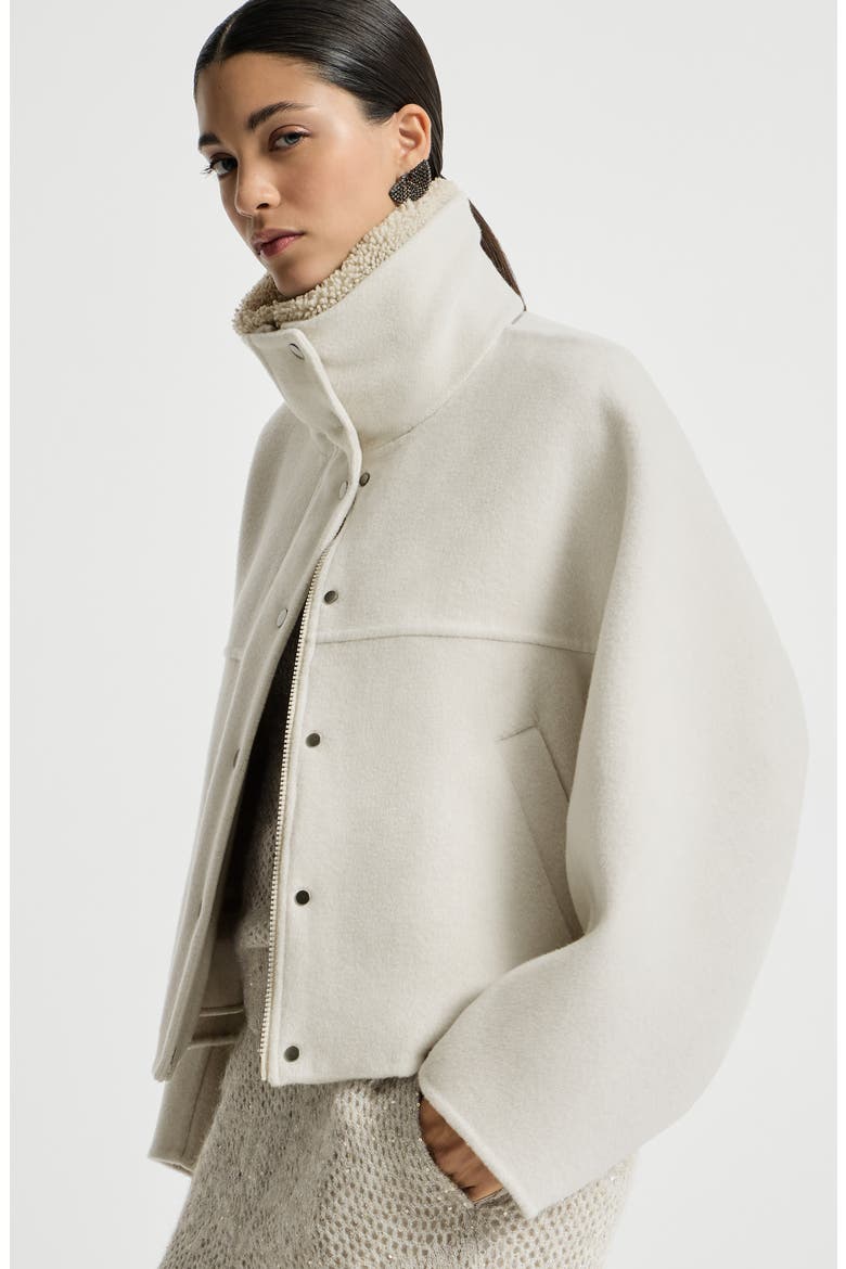 Hand-crafted outerwear jacket in virgin wool and cashmere double cloth with detachable shearling insert, Alternate, color, Ivory