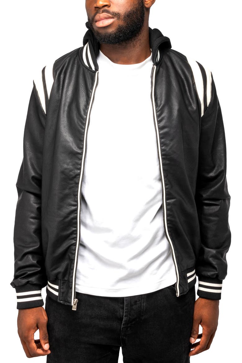 Stripe Faux Leather Hooded Moto Jacket with Faux Fur Lining, Alternate, color, BLACK/ WHITE