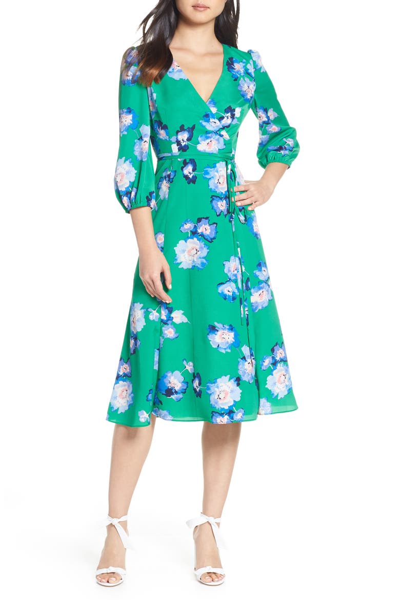 Blouson Sleeve Wrap Midi Dress, Main, color, GREEN