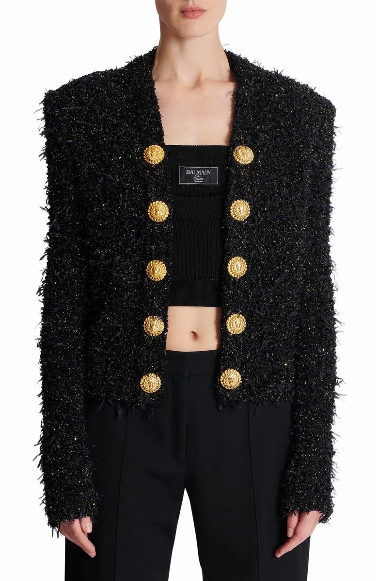 Balmain Edge-To-Edge Tweed Jacket, Alternate, color, Black