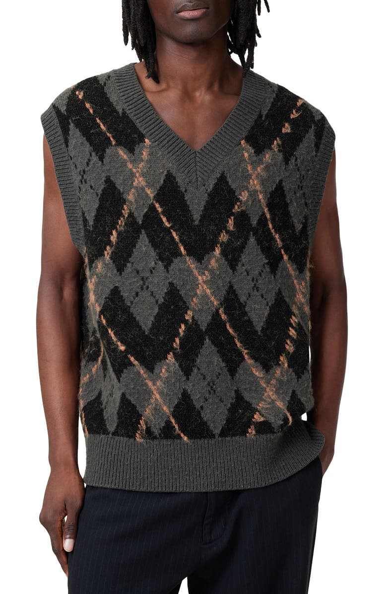 AllSaints Adore Argyle Wool & Mohair Blend V-Neck Sweater Vest, Main, color, Khaki Green