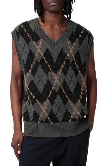 Allsaints Mens Adore Check-print V-neck Knitted Vest Khaki Green