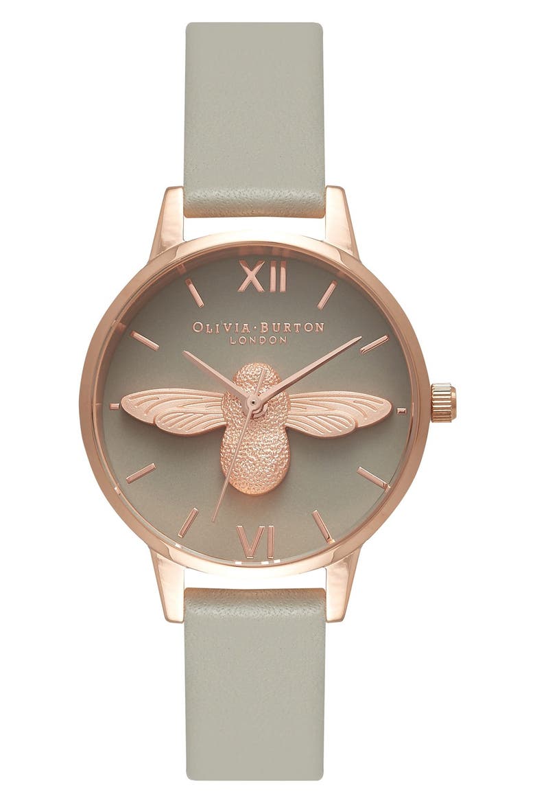 Animal Motif Leather Strap Watch, 30mm, Main, color, MOULDED BEE GREY/ ROSE GOLD
