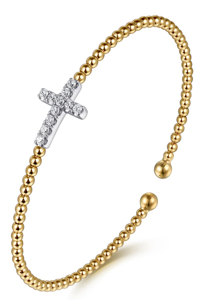 Diamond Cross Beaded Cuff Bracelet, Alternate, color, 14K YELLOW/ WHITE GOLD