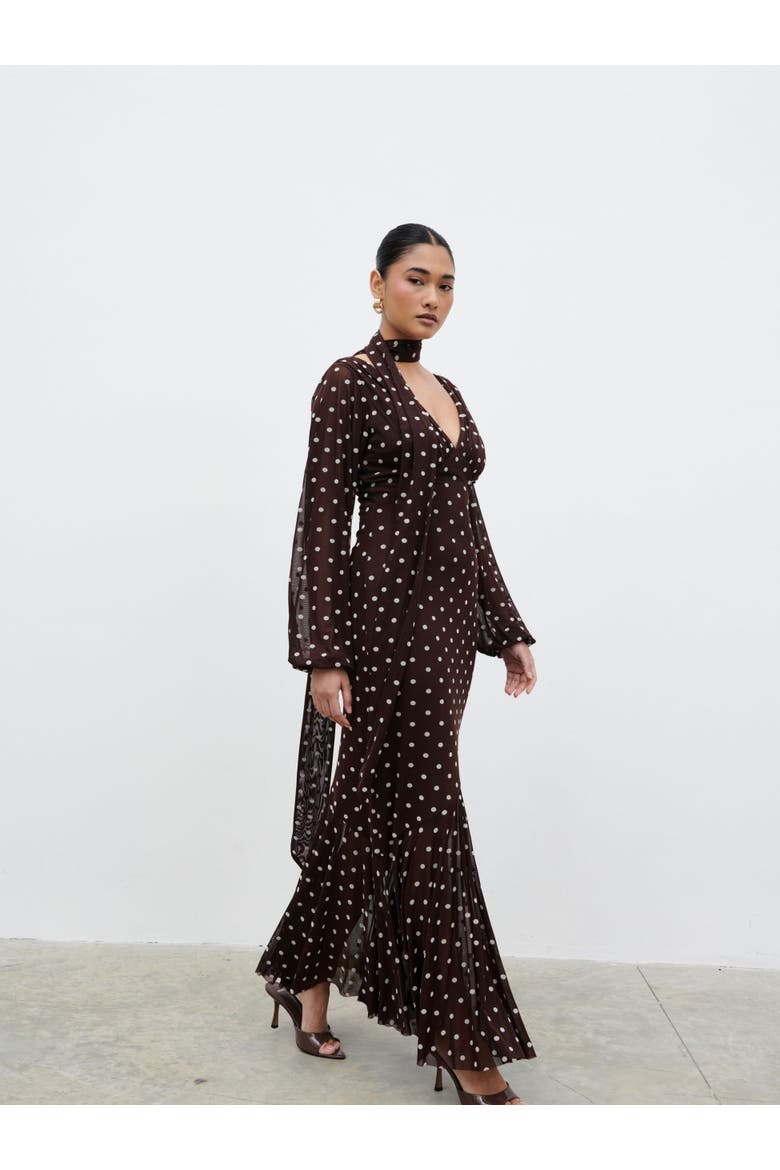 Petula Scarf Mesh Maxi Dress, Alternate, color, Brown And Cream Polkadot