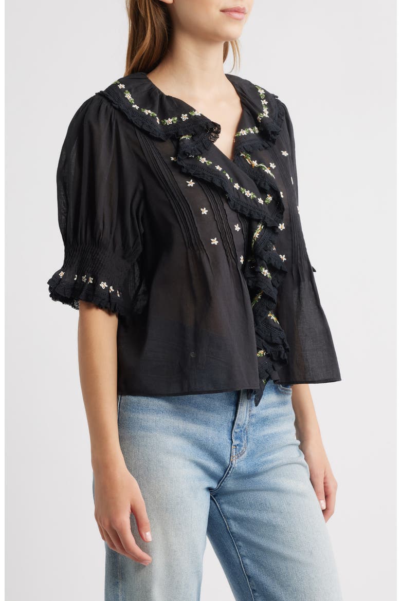 Hettie Embroidered Ruffle Organic Cotton Top, Alternate, color, BLACK