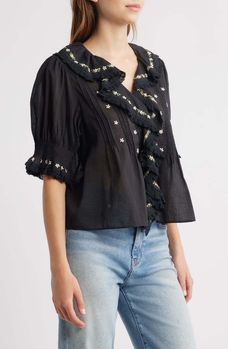 DÔEN Hettie Embroidered Ruffle Organic Cotton Top, Alternate, color, Black