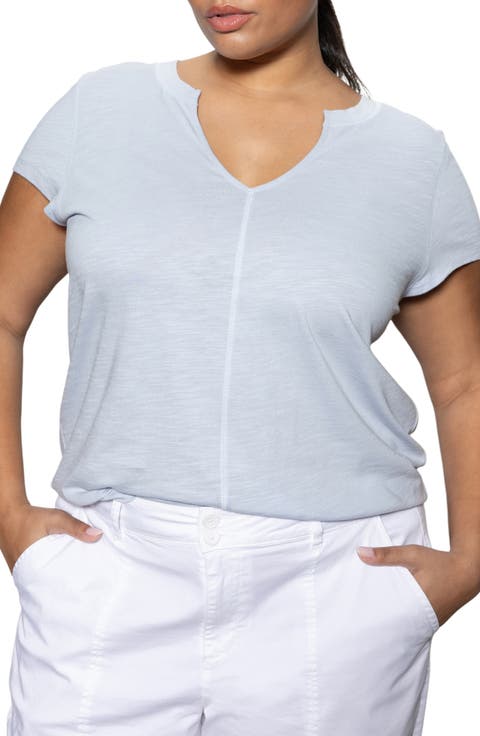 The New Girl Split Neck Cotton T-Shirt (Plus)