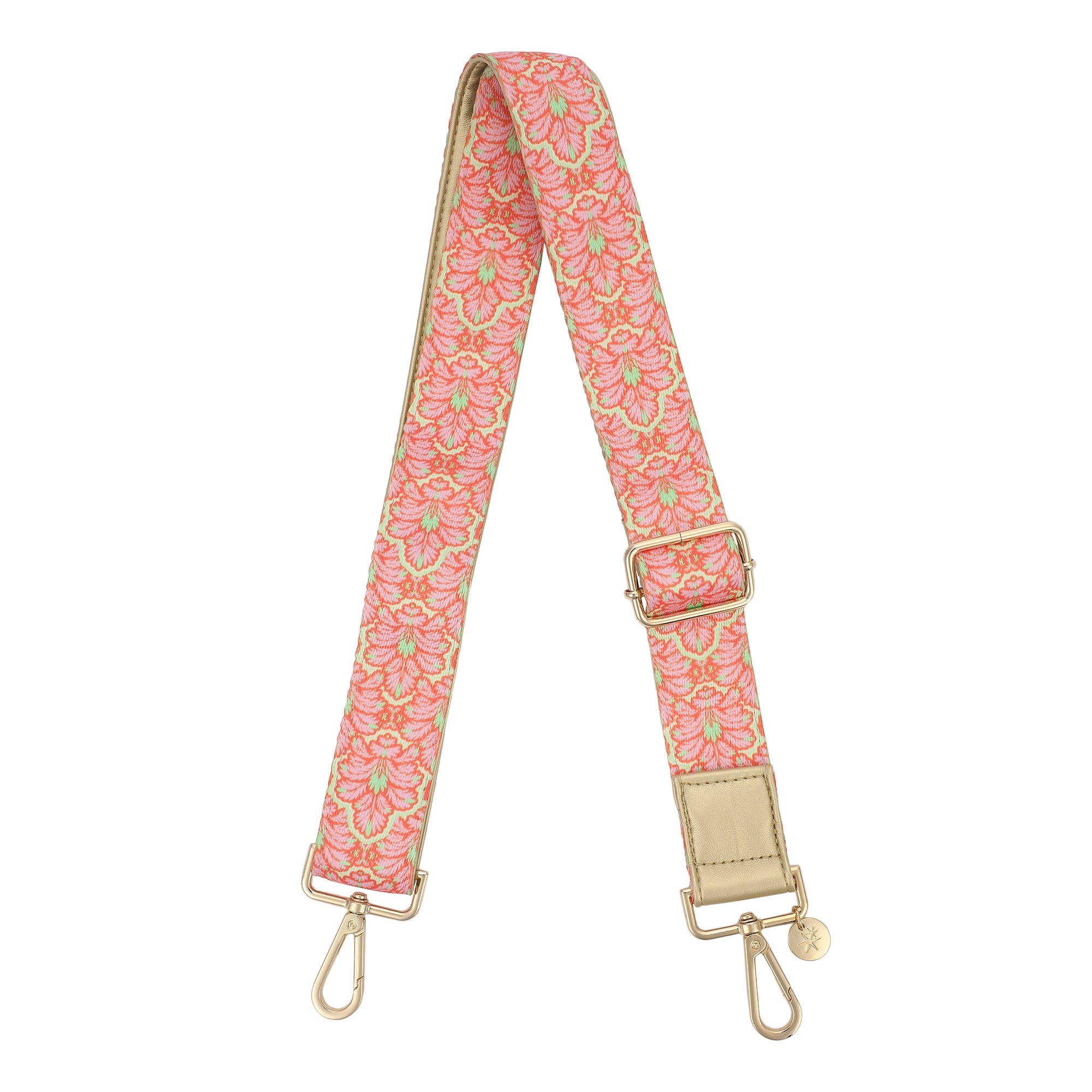 Pink Palm Adjustable Handbag Strap - 45-55 Inch Cotton Twill Palm Print Strap with Leatherette End Tabs and Gold Swivel Lobster Clasps, Main, color, Pink