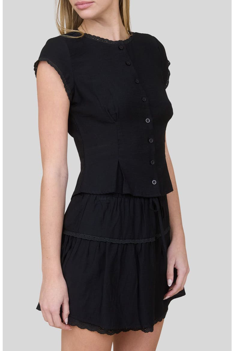 Lace Trim Cap Sleeve Button-Up Top, Alternate, color, BLACK