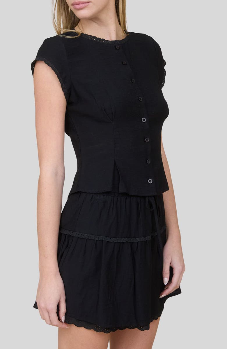 Blu Pepper Lace Trim Cap Sleeve Button-Up Top, Alternate, color, Black