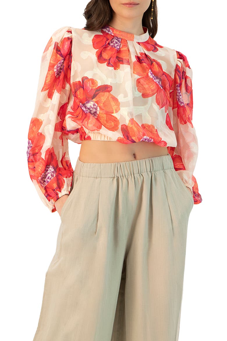 Shimmering Printed Blouse with Pleated Round Neck, Main, color, Ivory