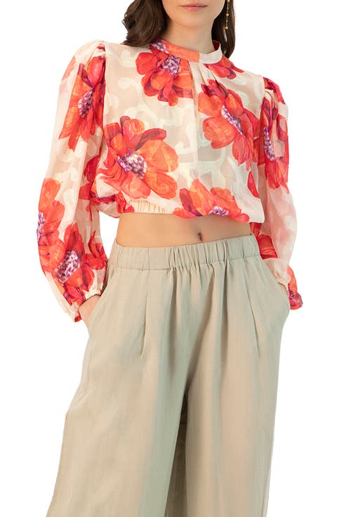 Shimmering Printed Blouse with Pleated Round Neck