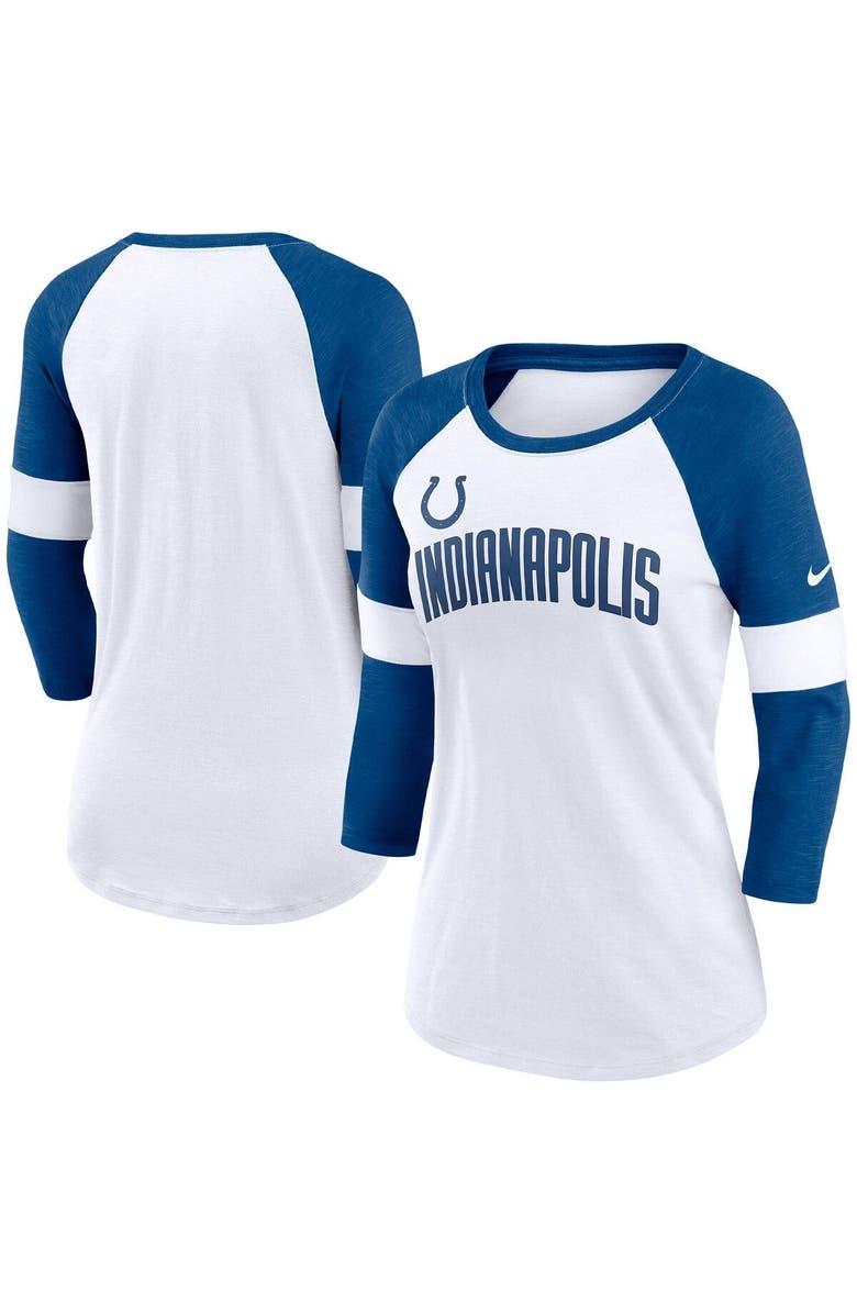 Nike Women's Nike Indianapolis Colts White/Heathered Royal Football Pride Slub 3/4 Raglan Sleeve T-Shirt, Main, color, 