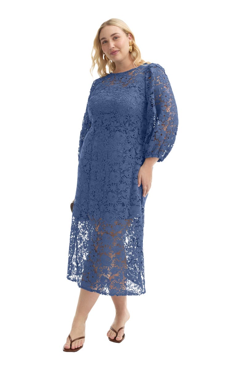 June + Vie Puff Sleeve Lace Midi Dress, Main, color, Ink Blue