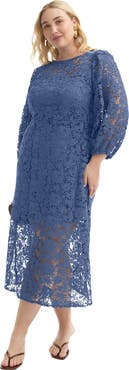 June + Vie Puff Sleeve Lace Midi Dress