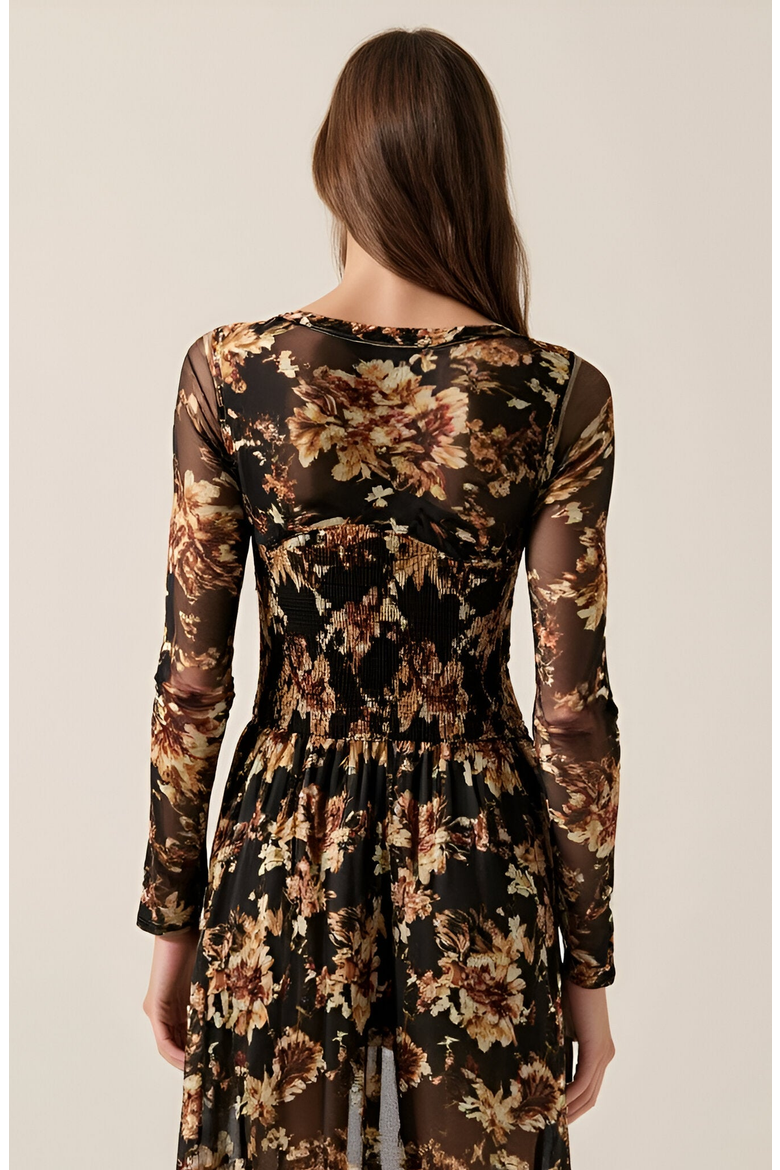 Floral Mesh Midi Dress with Contour Bodice, Alternate, color, Floral Mesh