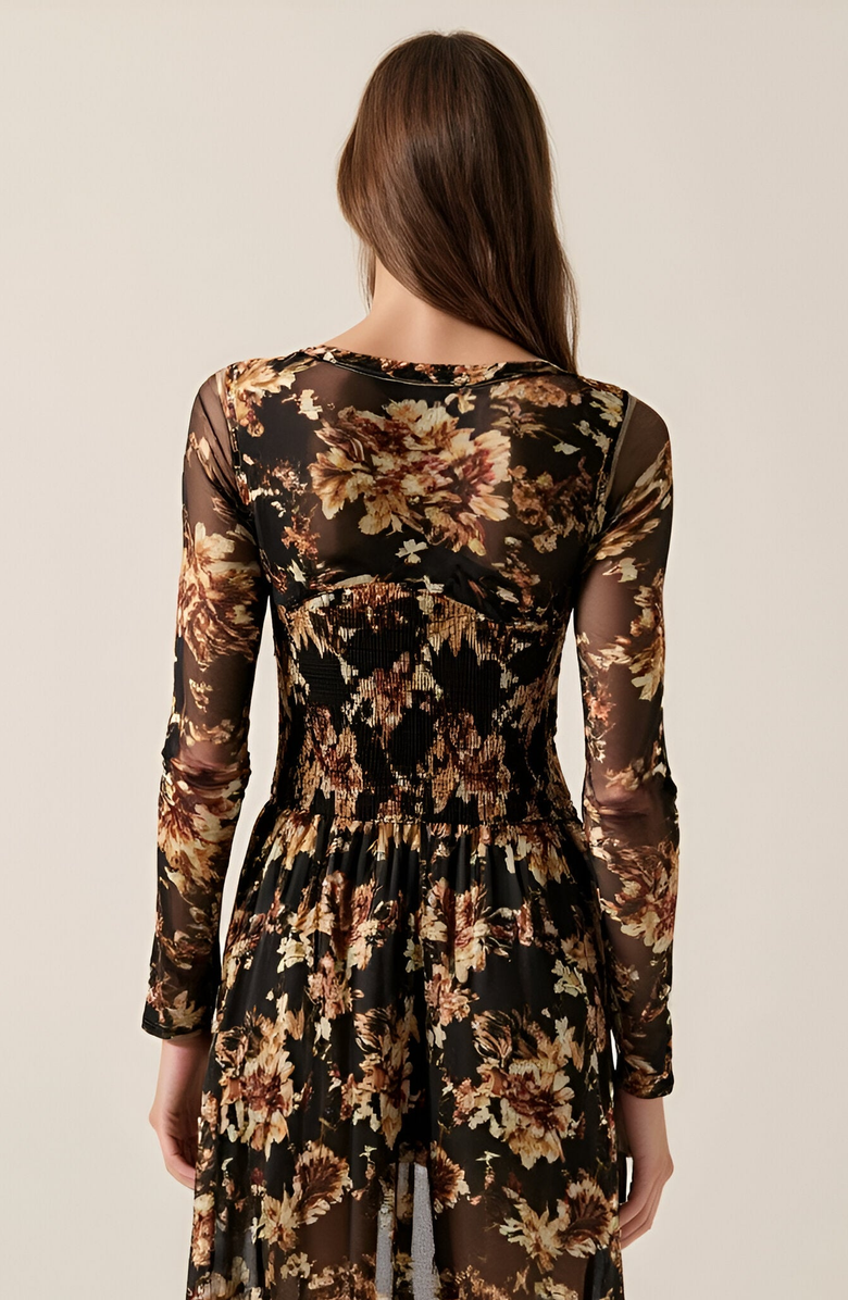 Modenaire Floral Mesh Midi Dress with Contour Bodice, Alternate, color, 