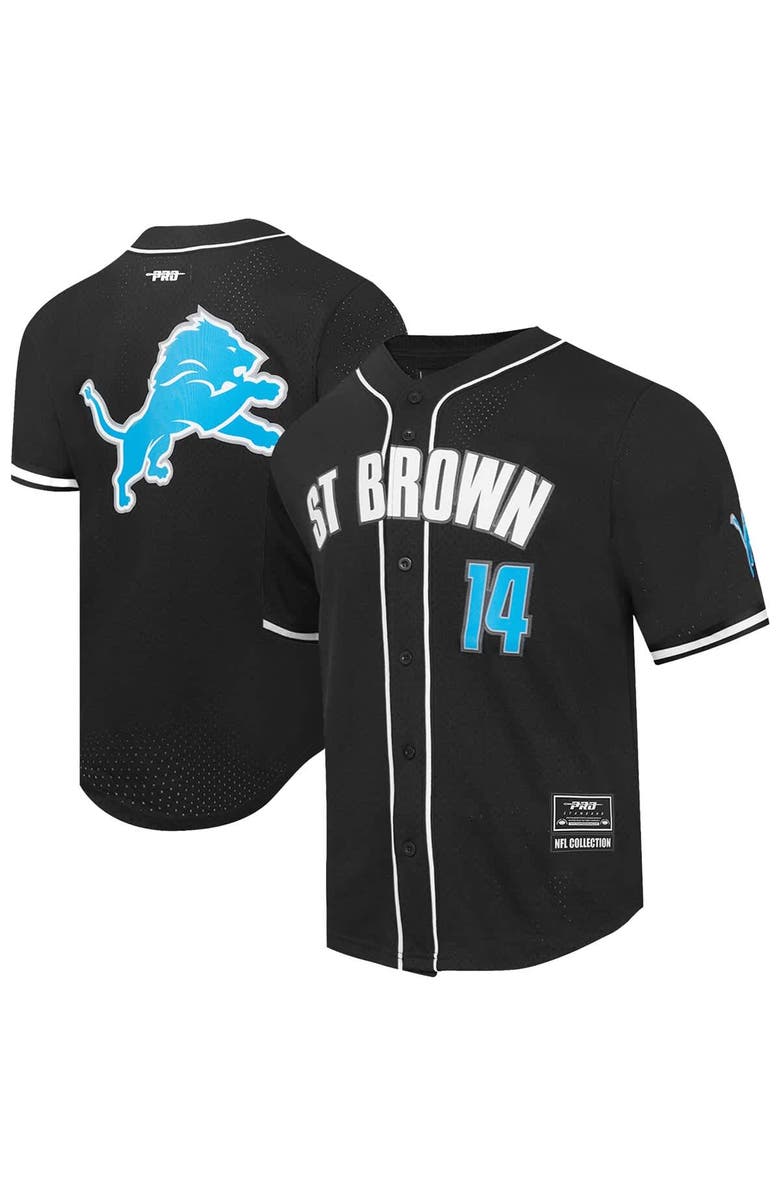 PRO STANDARD Men's Pro Standard Amon-Ra St. Brown Black Detroit Lions Player Name & Number Mesh Button-Up Baseball Shirt, Main, color, Black