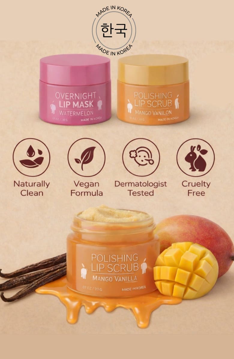 Lovery Korean Lip Care Duo Set - Mango Vanilla Exfoliating Lip Scrub & Watermelon Overnight Lip Mask, Alternate, color, Pink And Orange