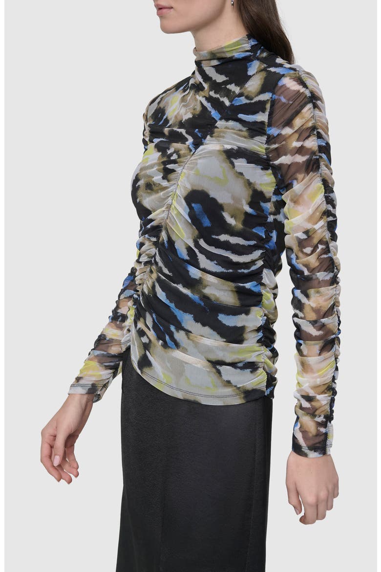 Printed Ruched Mesh Top, Alternate, color, ABSTRACT TIGER
