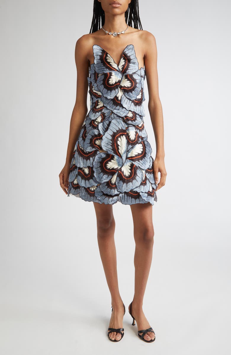Oscar de la Renta 3D Butterfly Appliqué Strapless Dress, Main, color, Blue Multi