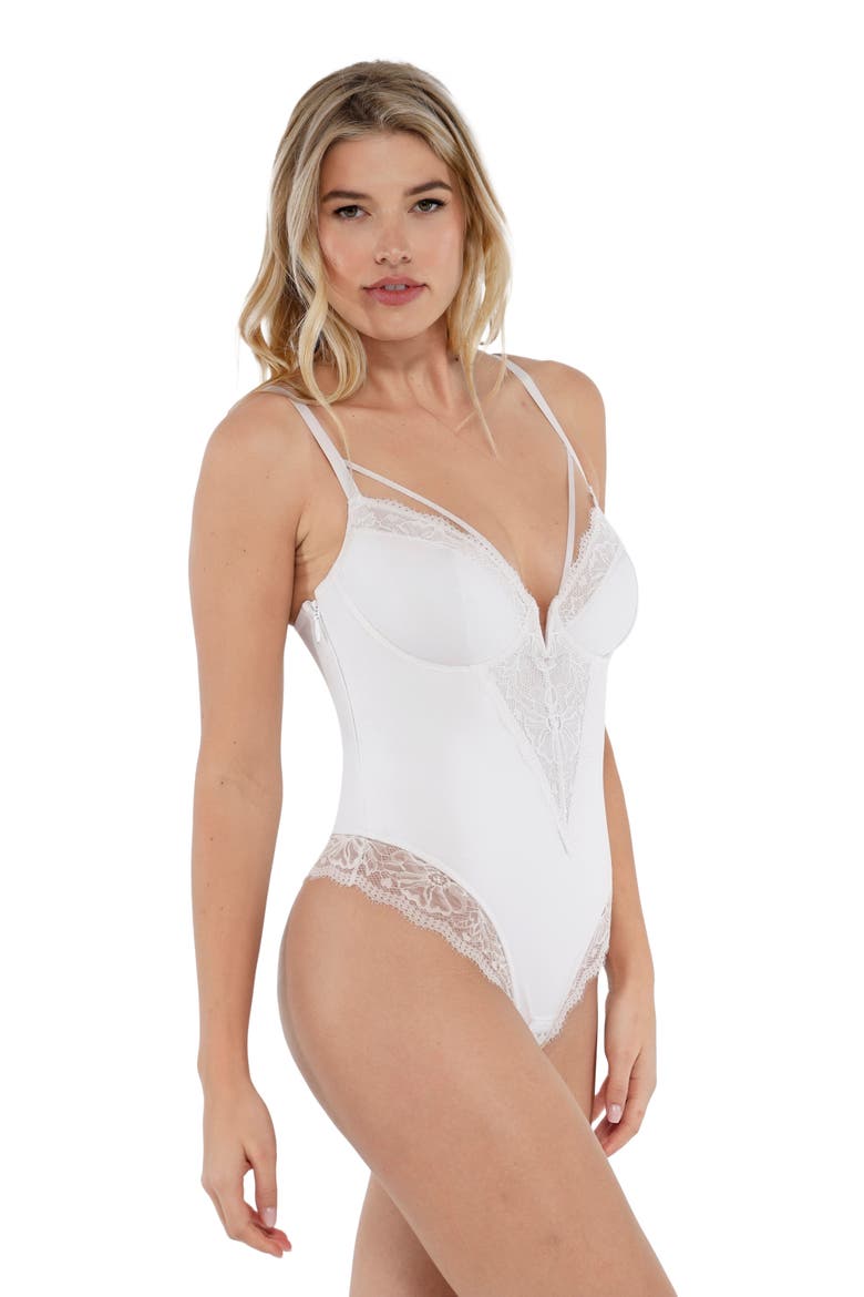 Shapewear Strappy Tummy Control Lace Inset Bodysuit, Alternate, color, Pearl White