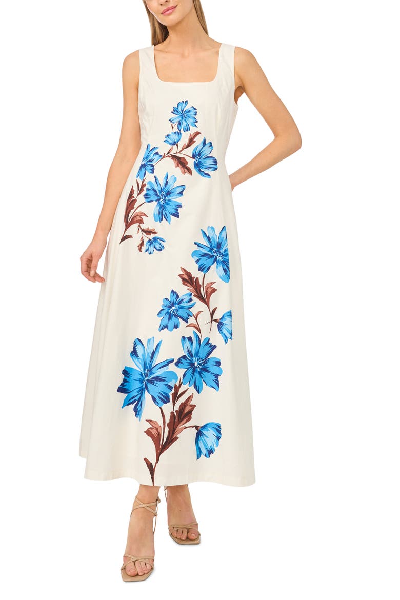 Floral Placement Print Cotton Dress, Main, color, AZURE BLUE