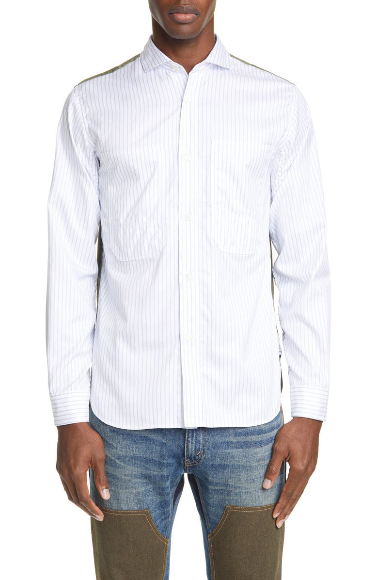 Junya Watanabe Contrast Back Stripe Long Sleeve Button-Up Shirt, Main, color, 