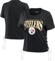 WEAR by Erin Andrews Women's WEAR by Erin Andrews Black Pittsburgh Steelers Lace Up Side Modest Cropped T-Shirt