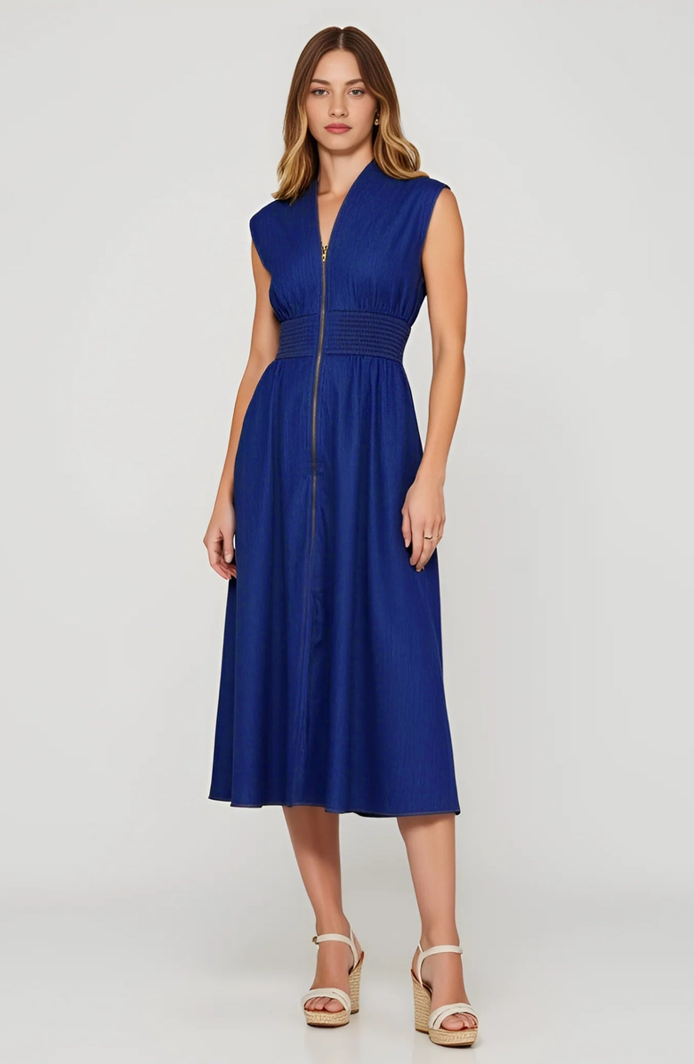 Modenaire Zip Front Midi Dress with Cap Sleeves and Smocked Waist, Alternate, color, Denim