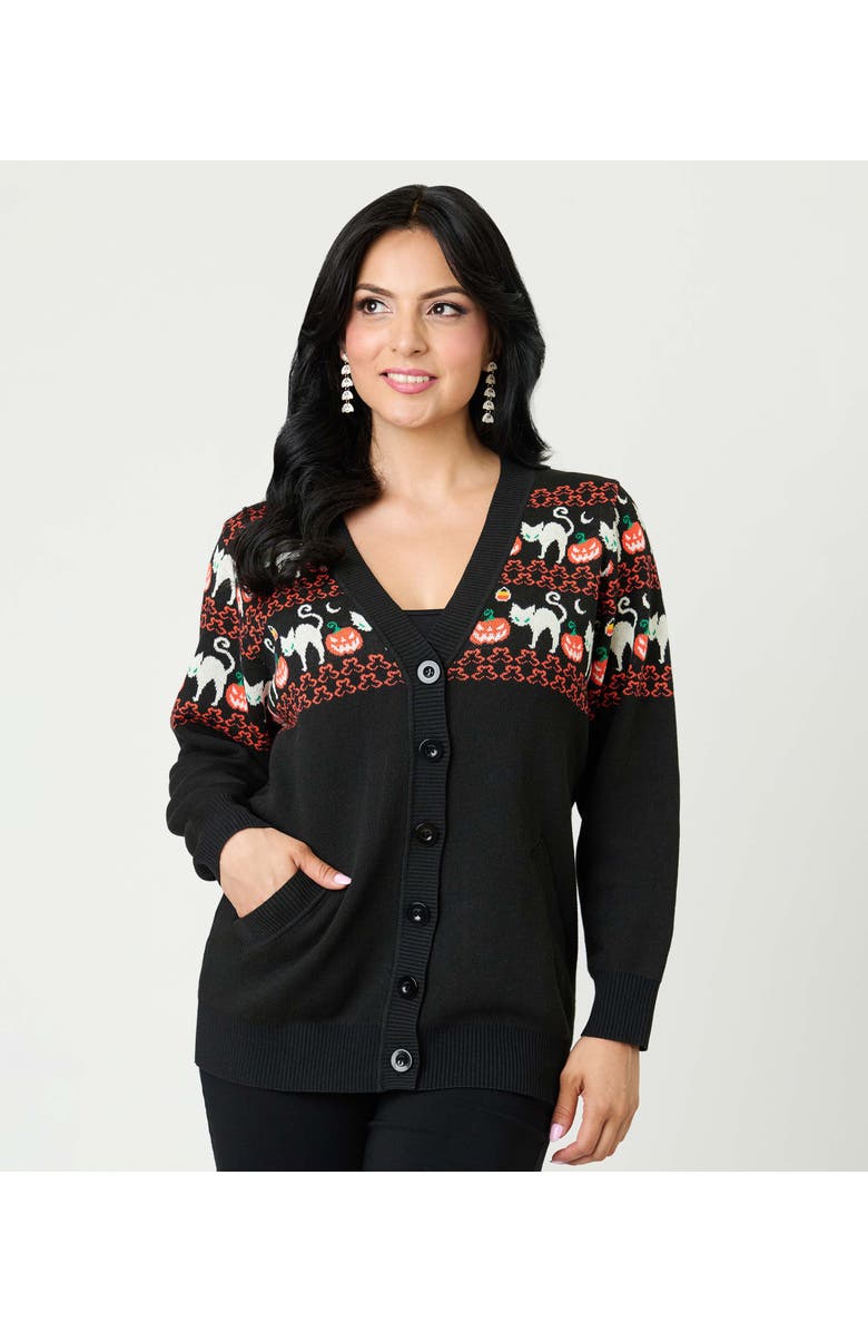 Unique Vintage Printed Knit Long Cardigan, Main, color, Black