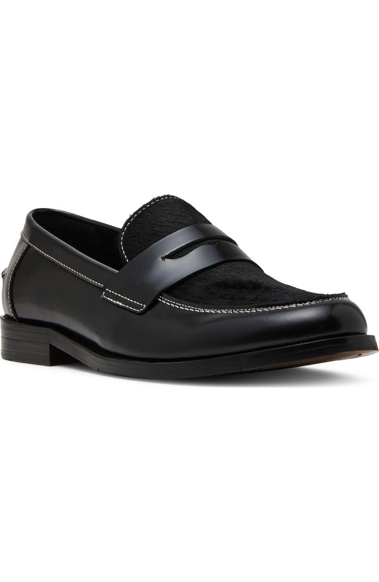 Madden Men's Natan Genuine Calf Hair Penny Loafer, Main, color, Black Leather