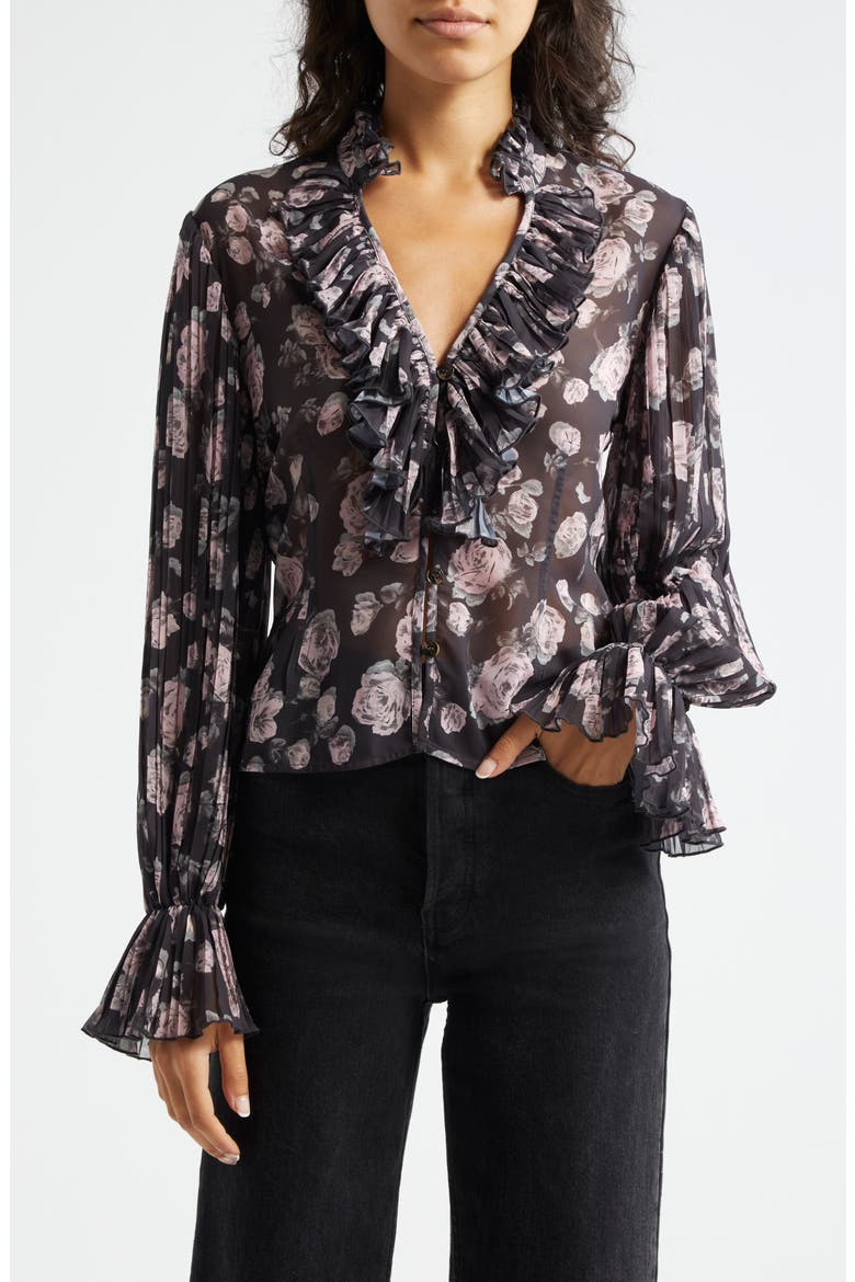 Floral Print V-Neck Shirt, Main, color, PHANTOM