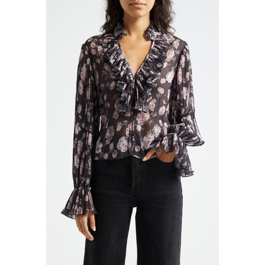 Ganni Floral Print V-neck Shirt In Phantom