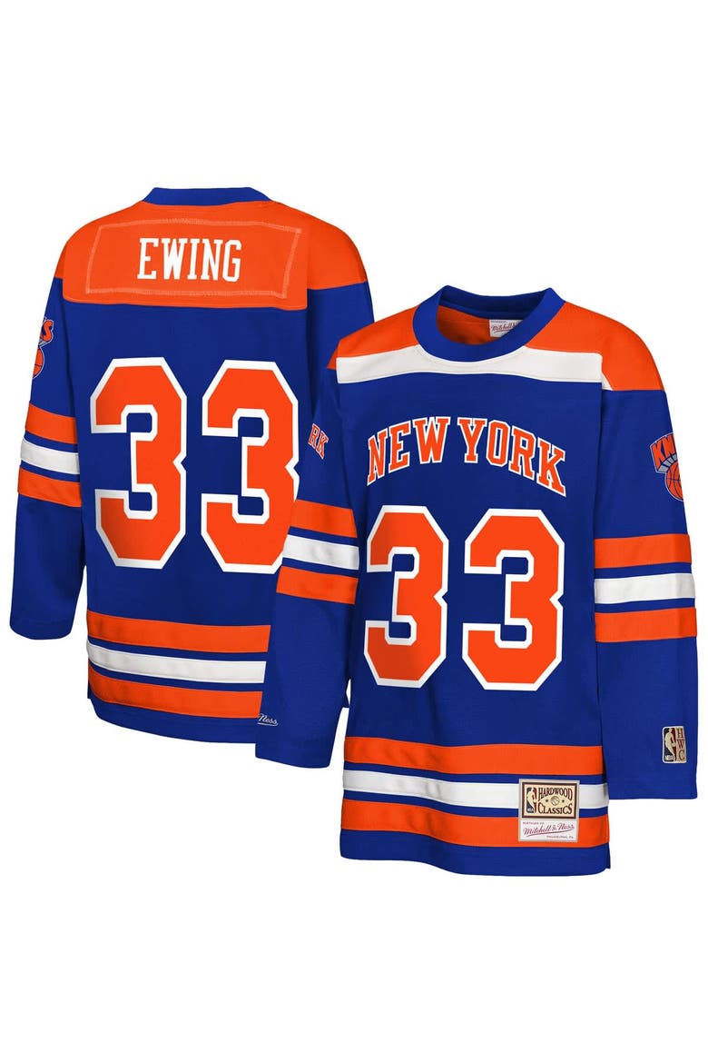 Youth Mitchell & Ness Patrick Ewing Blue New York Knicks Maxxed Out 2.0 Fashion Hockey Jersey, Main, color, Blue