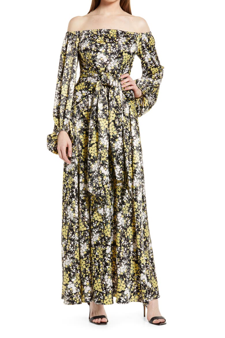 Vaiana Long Sleeve Tie Waist Off the Shoulder Satin Maxi Dress, Main, color, BLACK YELLOW BLOOM