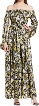 Fourteenth Place Vaiana Long Sleeve Tie Waist Off the Shoulder Satin Maxi Dress